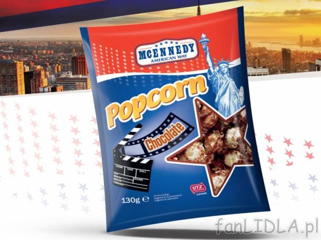 Popcorn w czekoladzie , cena 3,99 PLN za 130 g, 100g=3,07 PLN. 
- Wyjątkowe połączenie ...