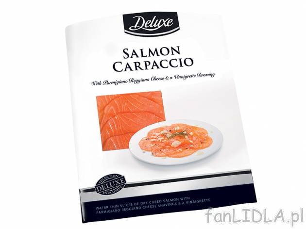 Carpaccio z łososia z parmezanem , cena 9,99 PLN za 100 g/1 opak. 
Delikatne plastry ...