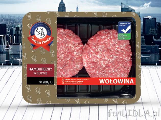 Burger wołowy , cena 3,00 PLN za 200 g/1 opak., 100 g=2,00 PLN. 
Doskonałej jakości ...