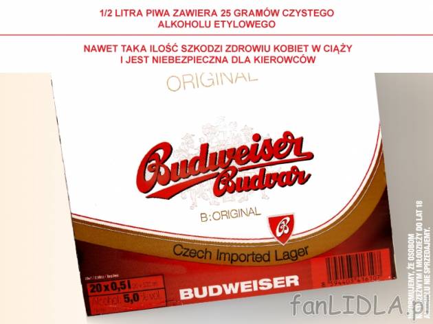 Piwo Budweiser 20 butelek , cena 44,00 PLN za 20 x 500 ml/1 opak., 1 L=4,40 PLN.