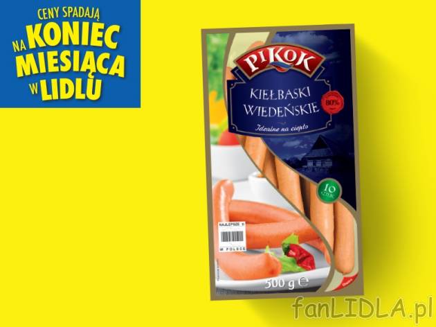 Pikok Kiełbaski wiedeńskie , cena 6,00 PLN za 400/500 g/1 opak., 1 kg=17,48/13,98 PLN.