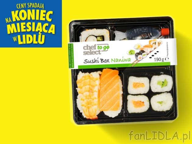 Chef Select TO GO Sushi Box , cena 7,00 PLN za 190/200 g/1 opak., 100 g=4,21/4,00 PLN.