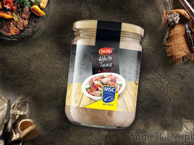 Biały tuńczyk w oliwie z oliwek , cena 19,00 PLN za 415 g/1 opak., 1 kg=71,39 PLN.
