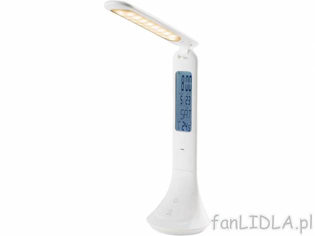 Lampka biurkowa LED z zegarem Livarno, cena 99,00 PLN 
- wyświetla czas, datę ...
