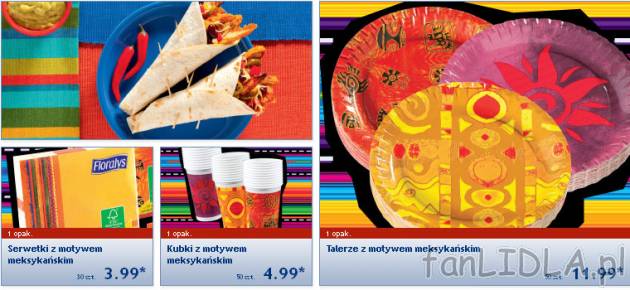 Serwetki z motywem meksykańskim, kubki, talerze