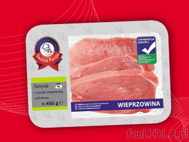 Sznycel z szynki , cena 6,79 PLN za 450 g, 1kg=15,09 PLN. 
- Sznycle z szynki wieprzowej ...