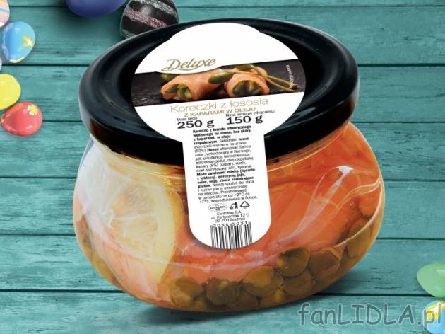 Koreczki z łososia , cena 11,99 PLN za 250 g, 100g=7,99 wg wagi odcieku PLN. 
- ...