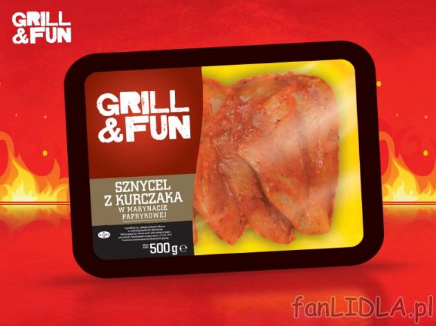 Sznycel z kurczaka , cena 10,19 PLN za 500 g, 1kg=20,38 PLN.  
-  W marynacie.