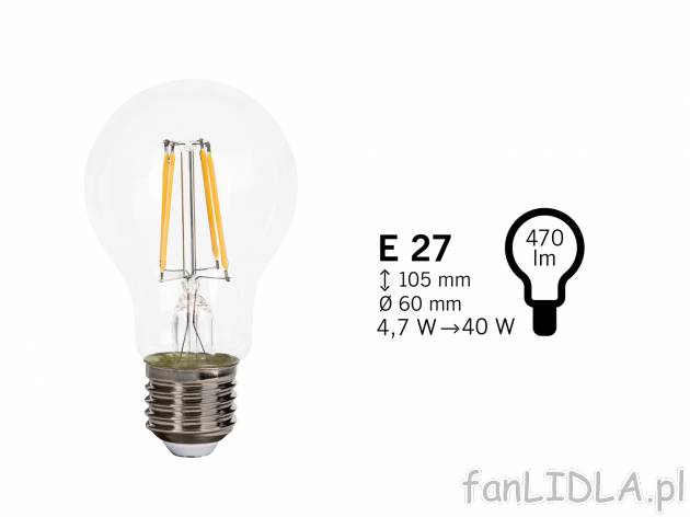 Żarówka filamentowa LED Livarno, cena 7,99 PLN 
- klasa energetyczna A+
- barwa ...