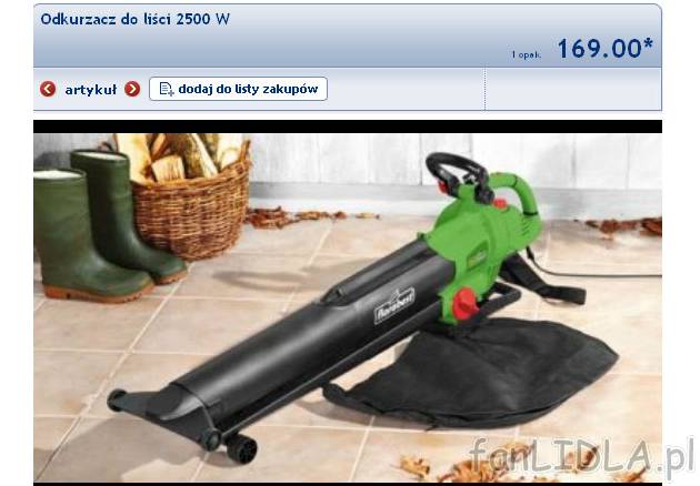 Odkurzacz do liści 2500 W, cena 169PLN
- wydajny silnik o mocy 2500 W zapewnia ...
