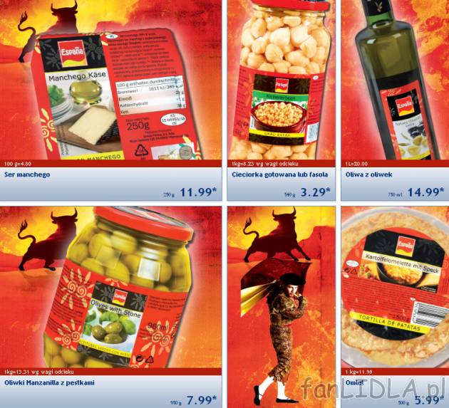 Ser manchego w cenie 11,99PLN za 250g, Cieciorka gotowana lub dasola, cena 3,29PLN ...
