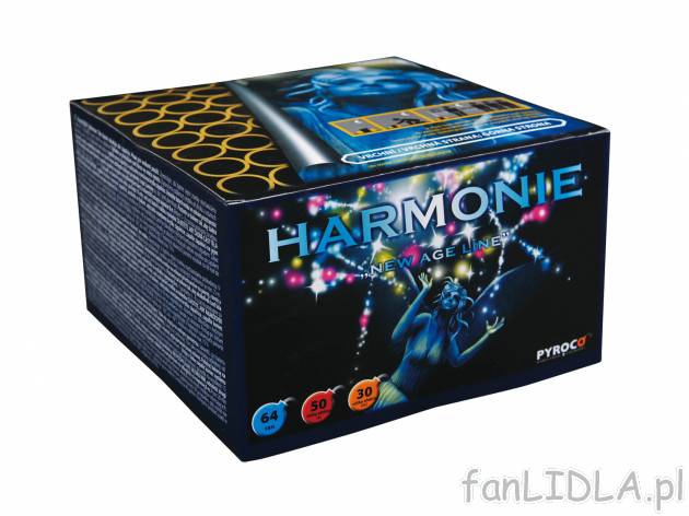 Bateria 64-strzałowa „Harmonie” , cena 79,90 PLN 
- brokatowe korony, kolorowe ...