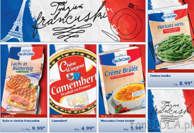 Ryba w cieście francuskim, Camembert, mieszanka Creme Brulle, zielona fasolka