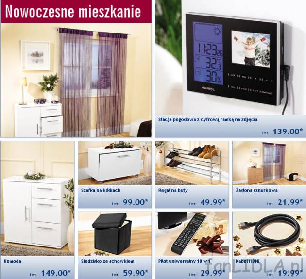 Nowoczesne mieszkanie w Lidl. Szafka na kółkach, regał, zasłona sznurkowa, siedzisko ...