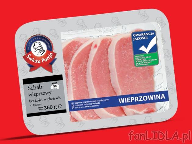 Schab wieprzowy bez kości w plastrach , cena 6,29 PLN za 360 g/1 opak., 1kg=17,47 ...