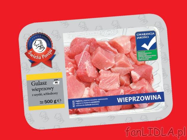 Gulasz wieprzowy z szynki , cena 6,79 PLN za 500 g, 1kg=13,58 PLN.