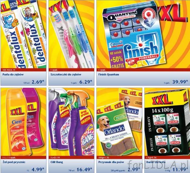 Pasta do zębów dentalux, szczoteczki do zębów, kostki do zmywarki Finish Quantum, ...