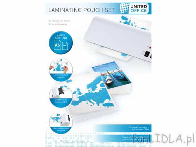 Zestaw folii do laminowania United Office, cena 13,99 PLN 
40 arkuszy A5 i 80 arkuszy ...