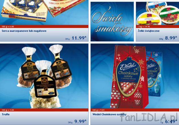 Serca marcepanowe lub nugatowe, żelki świąteczne, trufle, Wedel choinkowe ozdoby