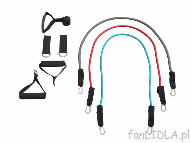 Zestaw 3 taśm fitness Crivit, cena 34,99 PLN 
- z 2 uchwytami z pianki, hakiem ...