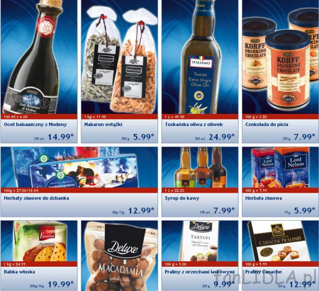Ocet balsamiczny z Modeny, makaron wstążki, toskańśka oliwa z oliwek, czekolada ...