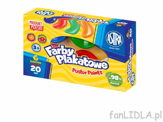 Farby plakatowe Astra, 6 szt. , cena 5,99 PLN  
-  6 kolor&oacute;w
-  ok. 20 ml