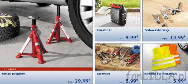 Podpórki do samochodu (tzw koziołki), kanister, kamizelka ostrzegawcza
- zestaw ...