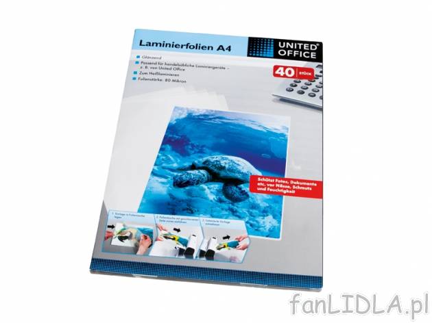 Folie do laminowania A4 United Office, cena 12,99 PLN za 1 opak.
