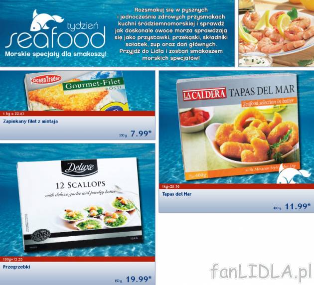 Morskie specjały dla smakoszy: zapiekany filet z mintaja, przegrzebki (małże ...