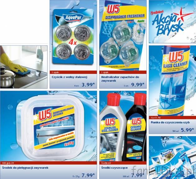 W5 i Aquapur: Czyścik z wełny stalowej, neutralizator zapachów do zmywarek, pianka ...