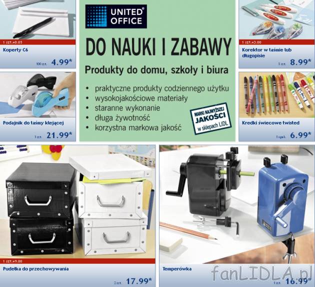 Produkty biurowe United Office: Koperty C6, podajnik do taśmy klejącej, korektor ...