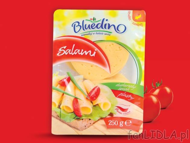 Ser salami w plastrach , cena 4,35 PLN za 250 g, 100g=1,74 PLN.