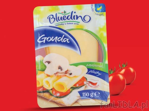 Ser Gouda wędzony w plastrach , cena 2,79 PLN za 150 g, 100g=1,86 PLN.