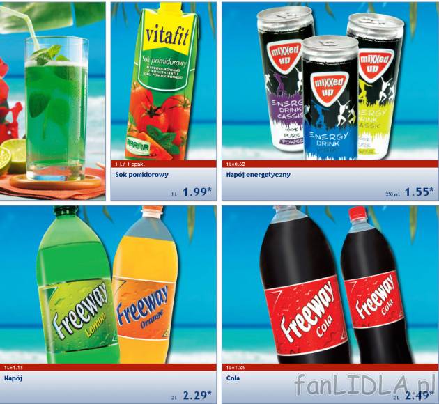 Sok pomidorowy Vitafit, Napój energetyczny Mixxed up w cenie 1,55PLN, napój Freeway ...