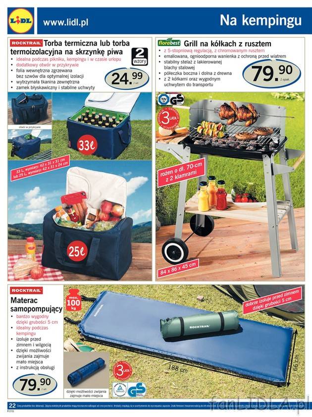 Na kempingu: grill, torba termiczna na skrzynkę piwa, materac samopompujący