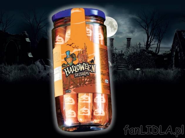 Kiełbaski Halloween , cena 5,99 PLN za 535 g, 1kg=2,40 wg wagi odcieku PLN. 
- ...