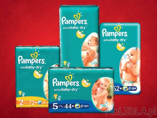 Pieluszki Pampers , cena 29,99 PLN za 72/62/54/44 szt./1 opak., 1 szt,=0,42/0,48/0,56/0,68 ...