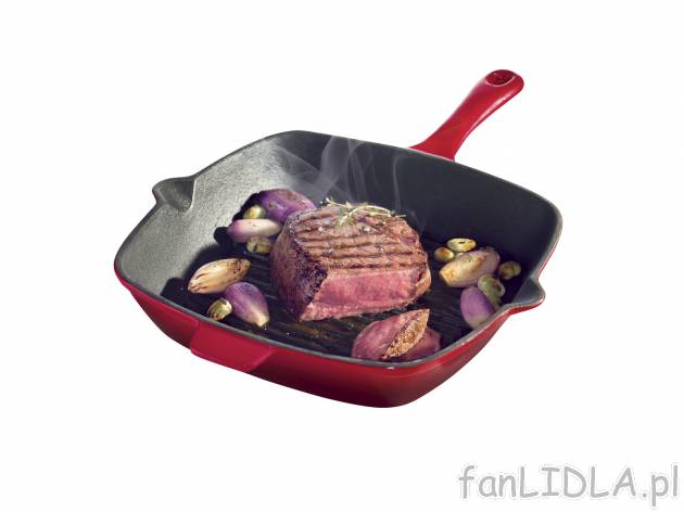 Patelnia żeliwna, emaliowana , cena 79,00 PLN 
- 2 wzory
- ok. 24,5 x 24,5 cm ...
