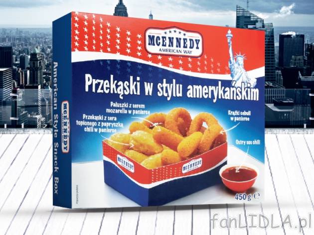 Mix przekąsek , cena 11,00 PLN za 450 g/1 opak., 1 kg=26,64 PLN. 
Krążki cebuli, ...