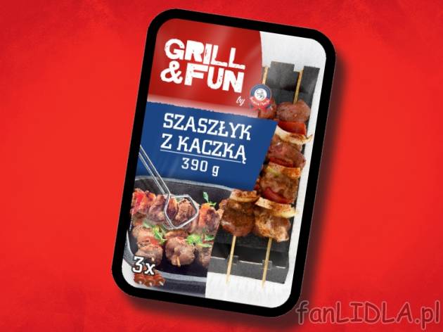 Szaszłyk z kaczką , cena 7,99 PLN za 390 g/1 opak., 1kg=20,49 PLN.