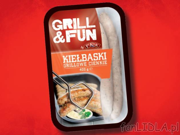 Kiełbaski grillowe cienkie , cena 6,39 PLN za 400g/1 opak., 1kg=15,98 PLN.