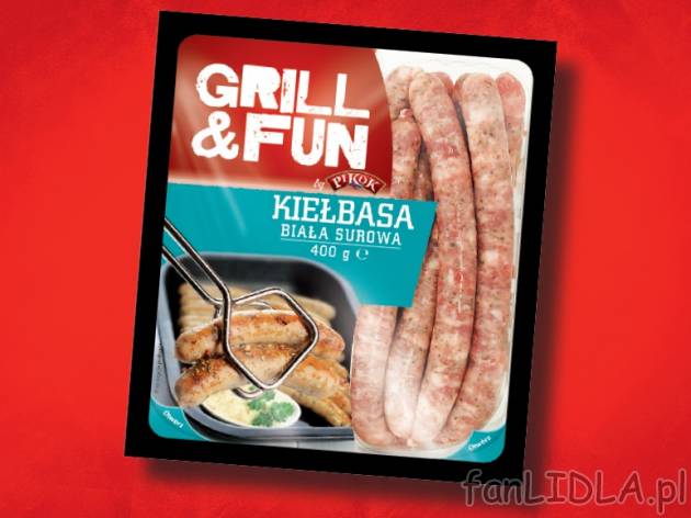 Kiełbasa biała surowa , cena 5,59 PLN za 400g/1 opak., 1kg=13,98 PLN.