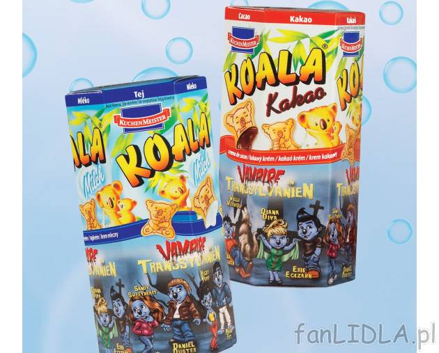 Ciastka koala , cena 4,99 PLN za 75 g/1 opak. 
- Biszkoptowe misie koala wypełnione ...