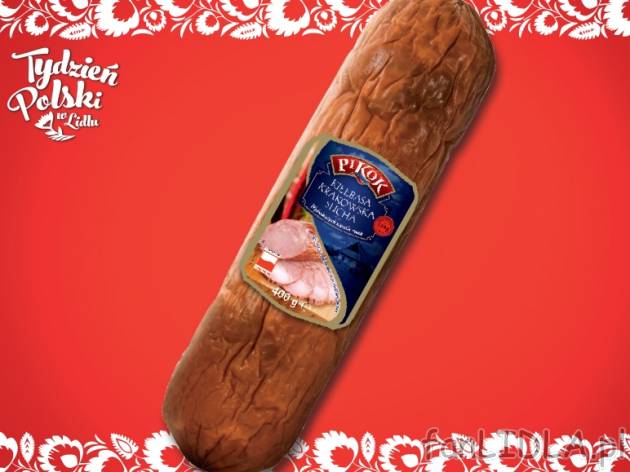 Kiełbasa krakowska sucha w kawałku , cena 9,99 PLN za 400 g/1 opak., 1kg=24,98 PLN.