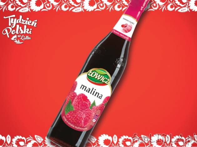 Syrop owocowy Łowicz , cena 3,49 PLN za 440 ml/1 but., 1L=7,93 PLN.