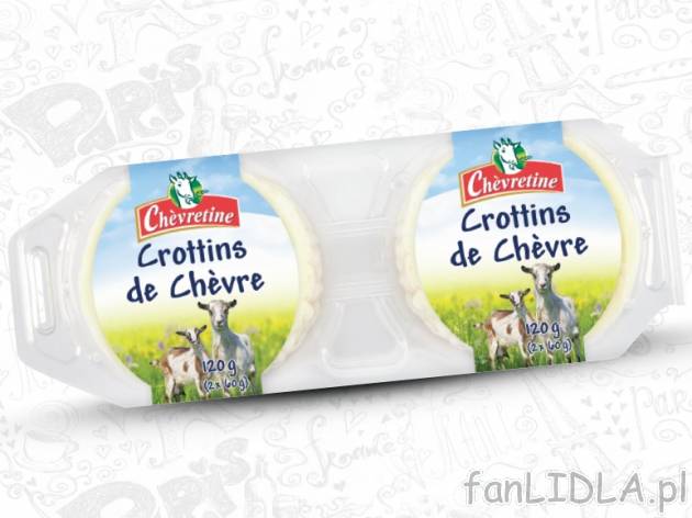 Ser Crottins de chĂ¨vre , cena 7,77 PLN za 2x120 g/ 1 opak., 100g=3,24 PLN.