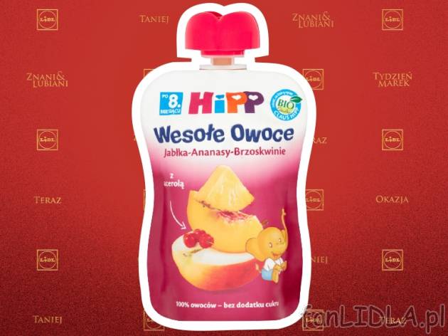 HIPP Mus owocowy , cena 2,99 PLN za 90g/1 opak., 100g=3,32 PLN.