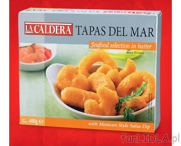 Tapas del Mar , cena 11,99 PLN za 400 g 
-  Pyszna mieszanka owoców morza w cieście.