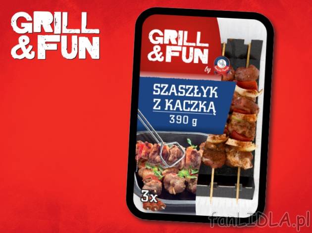 Szaszłyk z kaczką , cena 7,99 PLN za 390 g/1 opak., 1 kg=9,98 PLN.