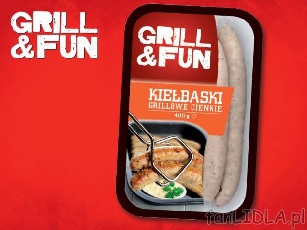 Kiełbaski grillowe cienkie , cena 6,39 PLN za 400 g/1 opak., 1kg=15,96 PLN.